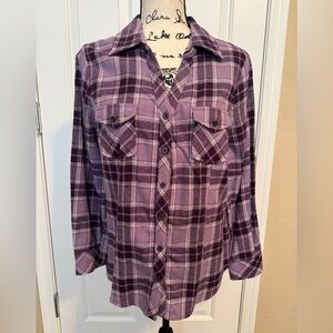 a.n.a Women’s Long Sleeve Button Down Flannel Purple Checkered Shirt Large
